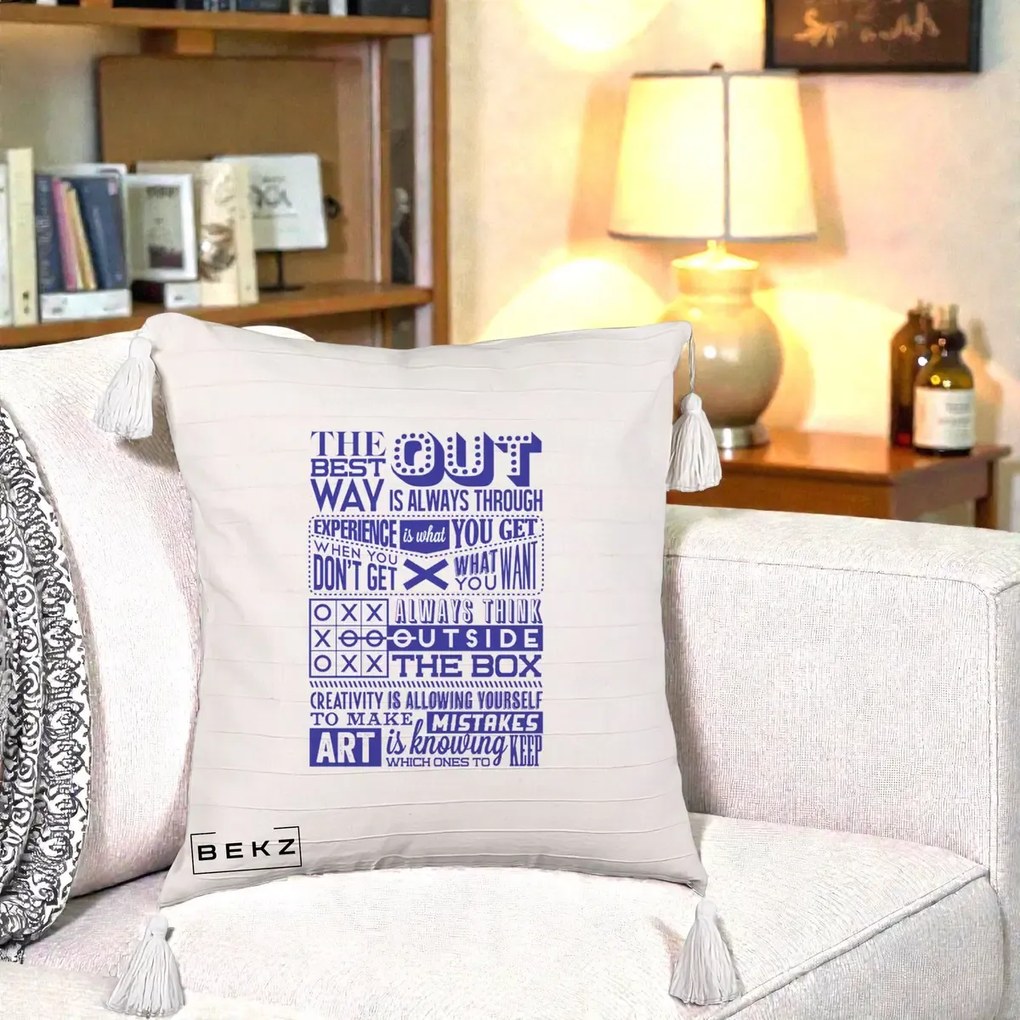 Perna Decorativa Citate Creativitate Albastru, 40x40 cm, Bej cu Franjuri, Husa Detasabila, Perna Inclusa, BEKZ®