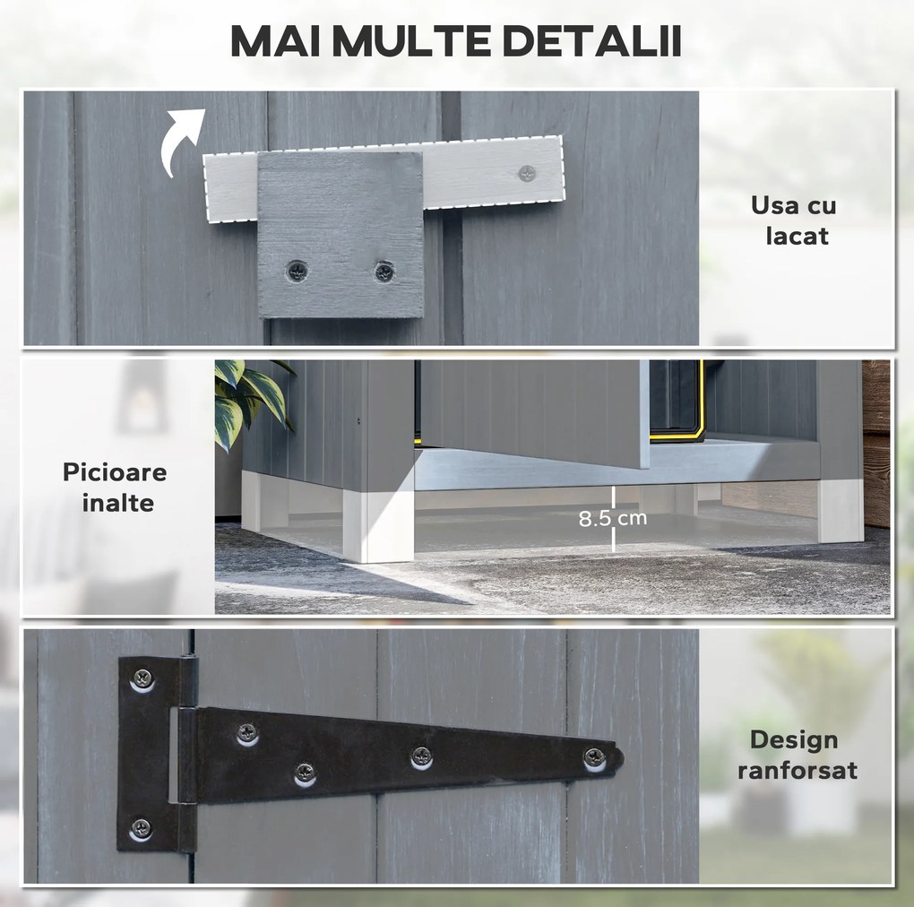 Outsunny Căsuță pentru Unelte din Lemn cu 3 Rafturi cu Acoperiș Impermeabil din Bitum, 77.5x54.2x179.5 cm, Gri | Aosom Romania