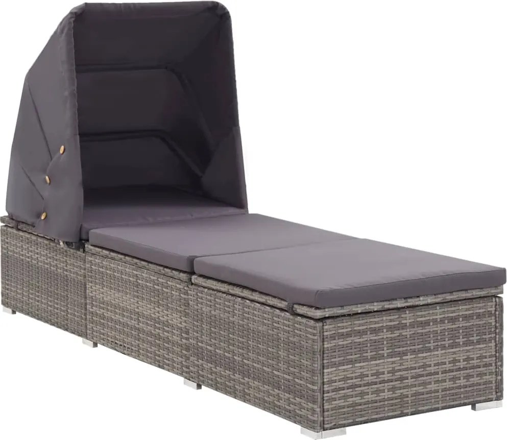 vidaXL Șezlong cu copertină și pernă, gri, poliratan