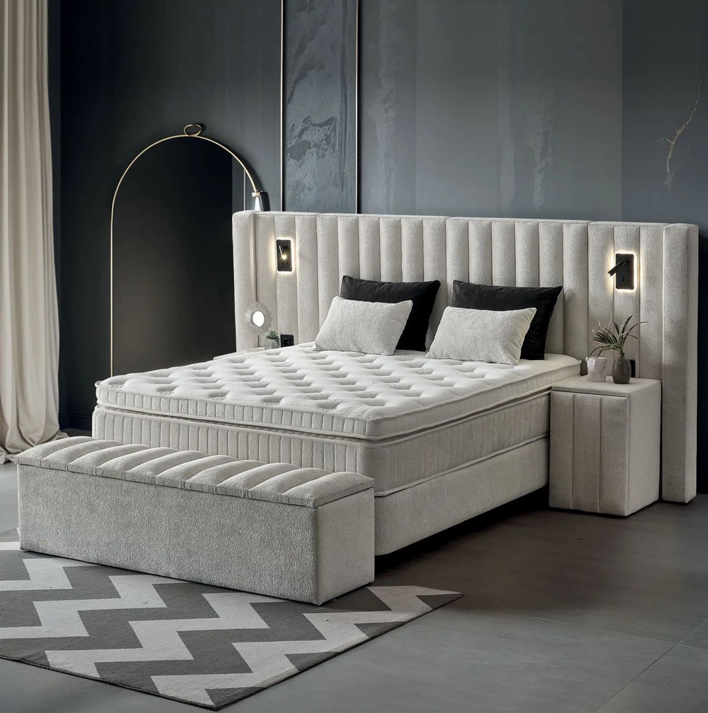Boxspring ~FLORIDA~ lada de depozitare, saltea cu topper, material boucle, culoare bej 180x200