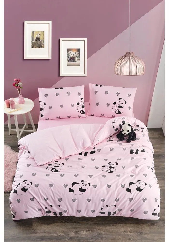 Lenjerie de pat roz pentru pat de o persoană, extinsă cu cearceaf inclus, cu 3 piese 160x220 cm Panda – Mila Home