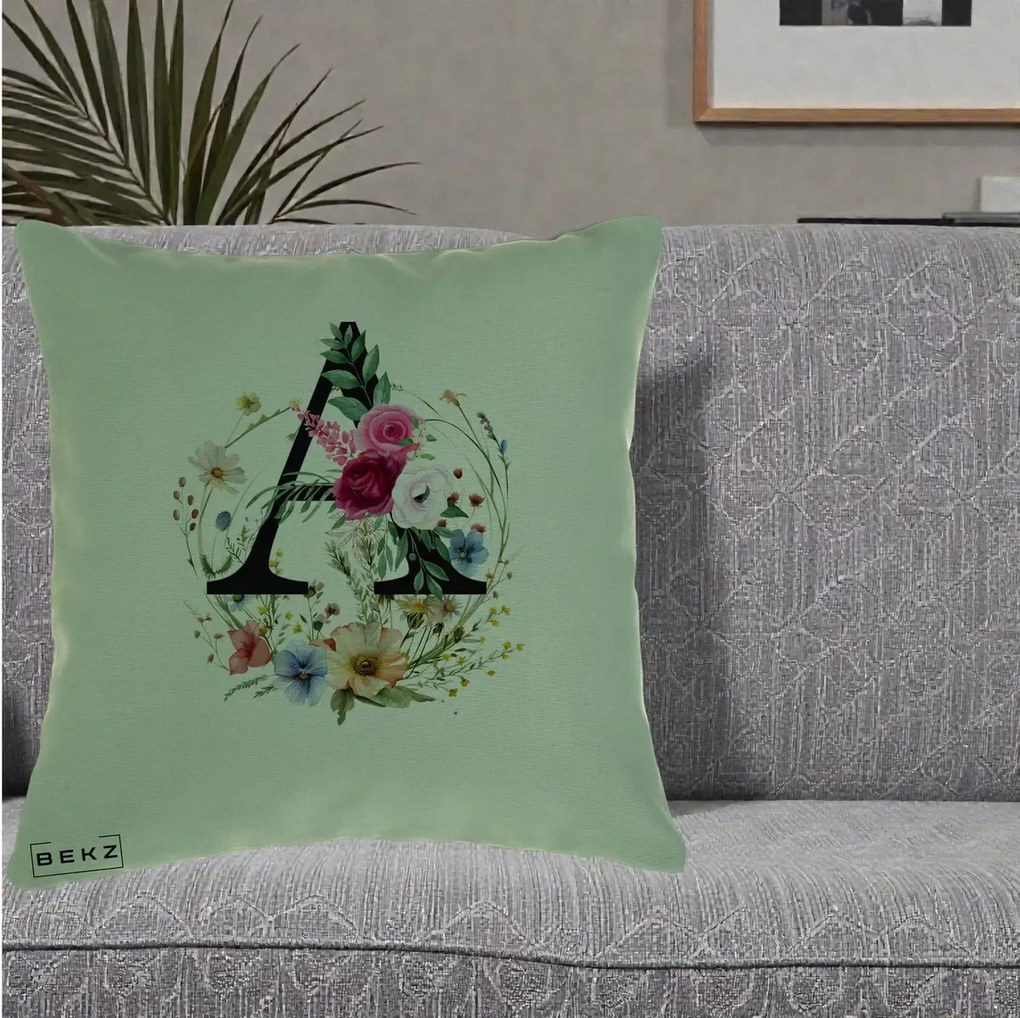 Cadou Personalizat - Perna Personalizata Monogram Litera A cu Flori Acuarela, 40x40 cm, Verde, Husa Detasabila, Perna Inclusa, BEKZ®