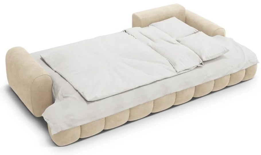 Colțar bej extensibil/cu spațiu de depozitare cu tapițerie din catifea (cu colț pe partea dreaptă/cu șezlong) Linz – Cosmopolitan Design