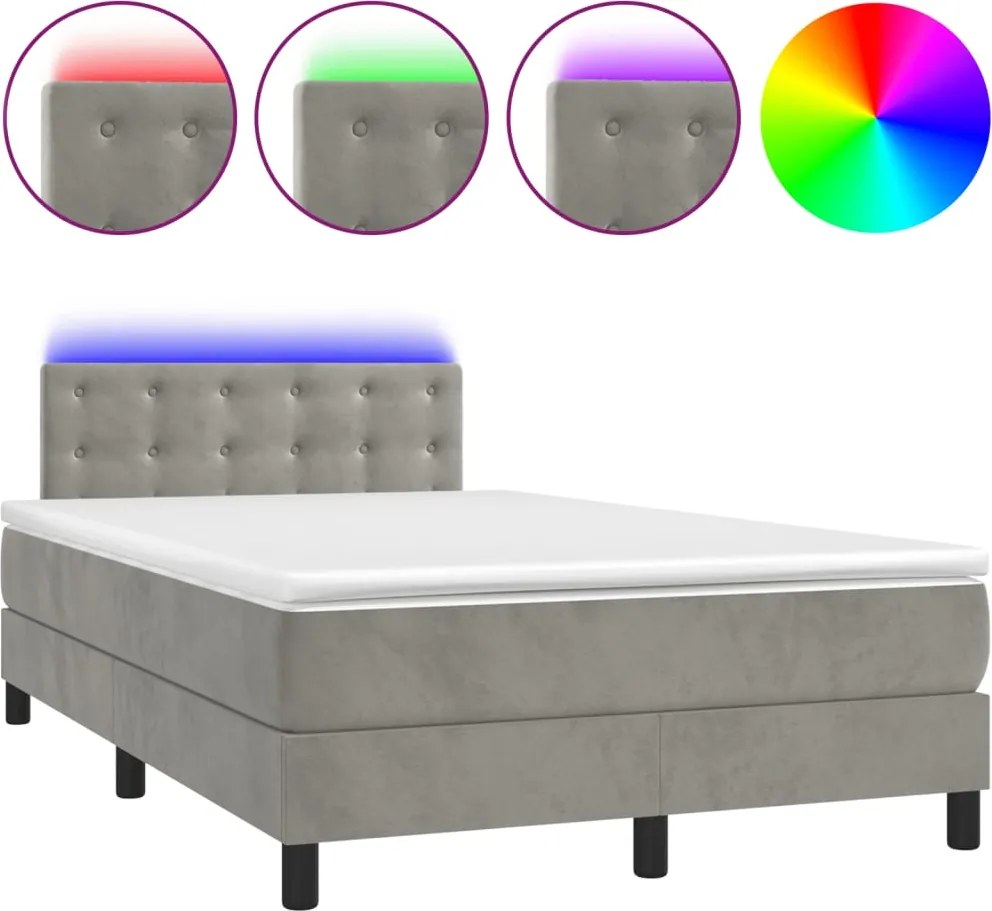 vidaXL Pat cu arcuri, saltea și LED, gri deschis, 120x200 cm, catifea