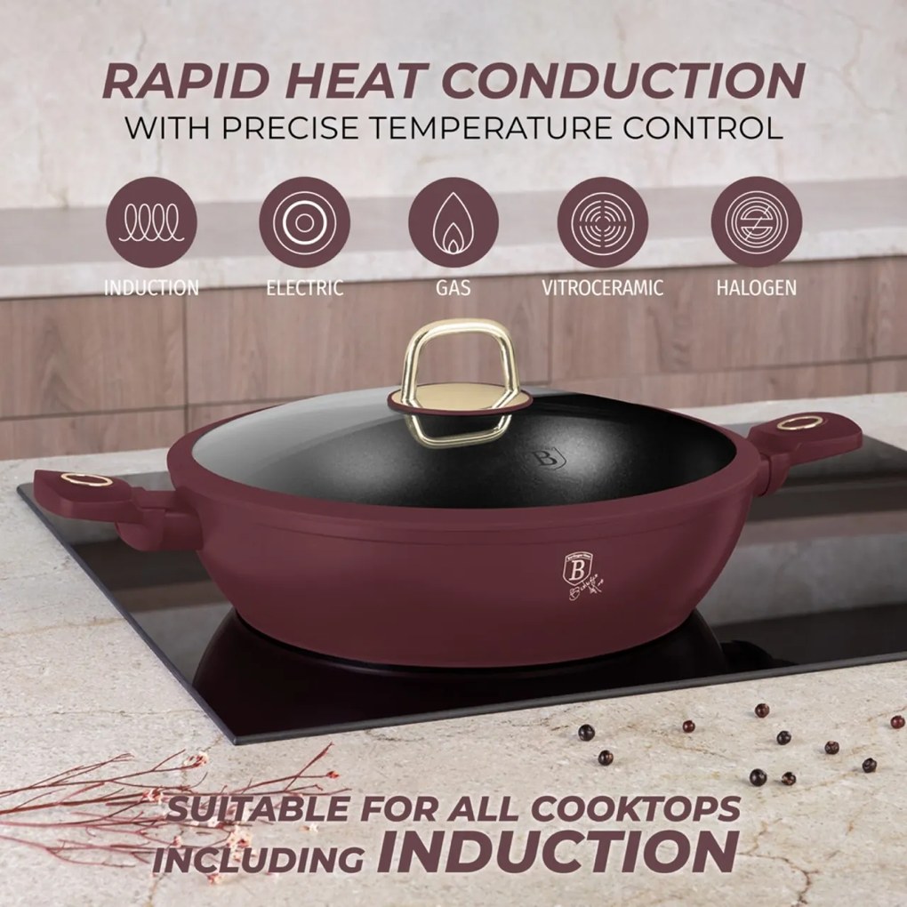 Cratita cu capac 30 cm 4,5L Leonardo Collection Berlinger Haus BH 8039, visiniu mat, mancarea nu se lipeste, compatibila cu inductie