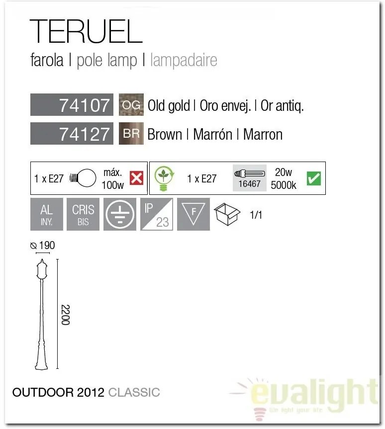Stalp exterior inaltime 220cm, IP23 Teruel 74107