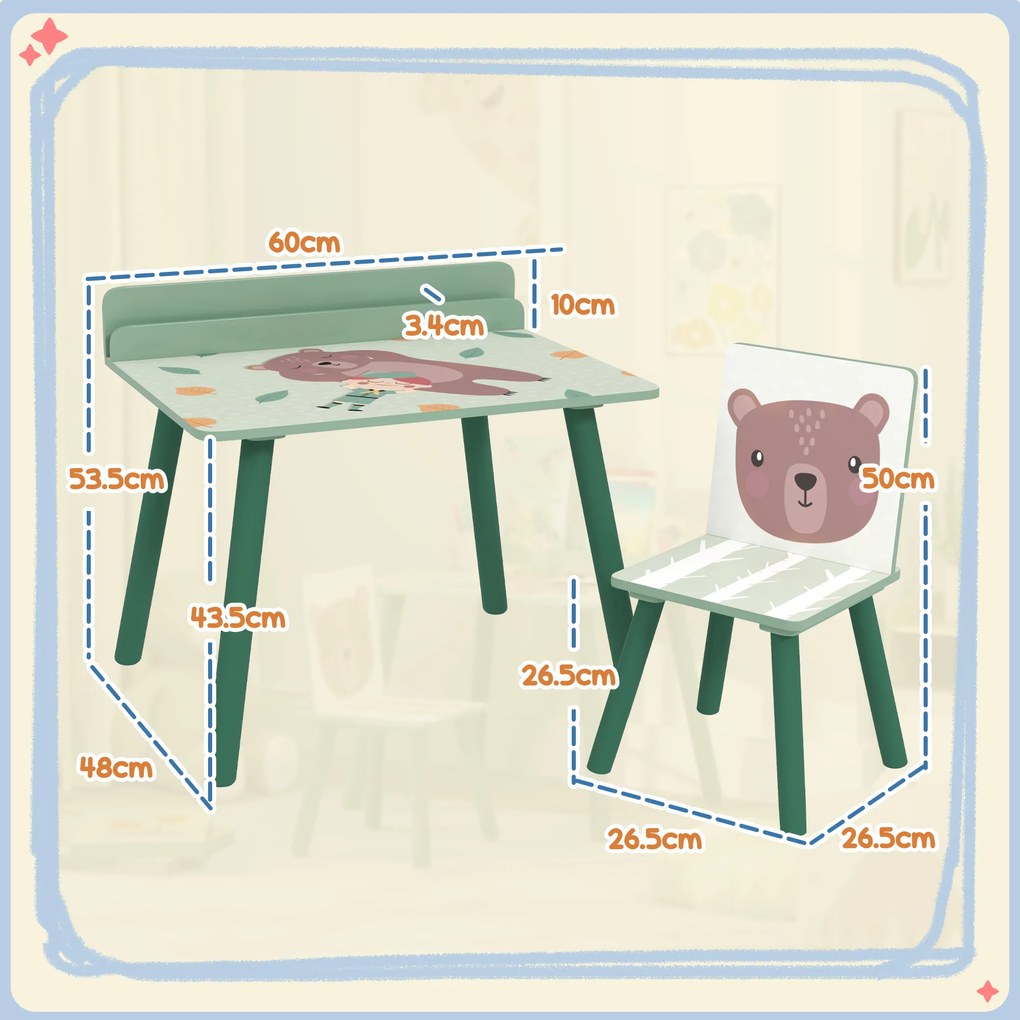AIYAPLAY Birou Copii cu Raft pentru Depozitare din MDF și Lemn de Pin, cu Masă și Scaun, 60x48x53.5 cm, Verde | Aosom Romania