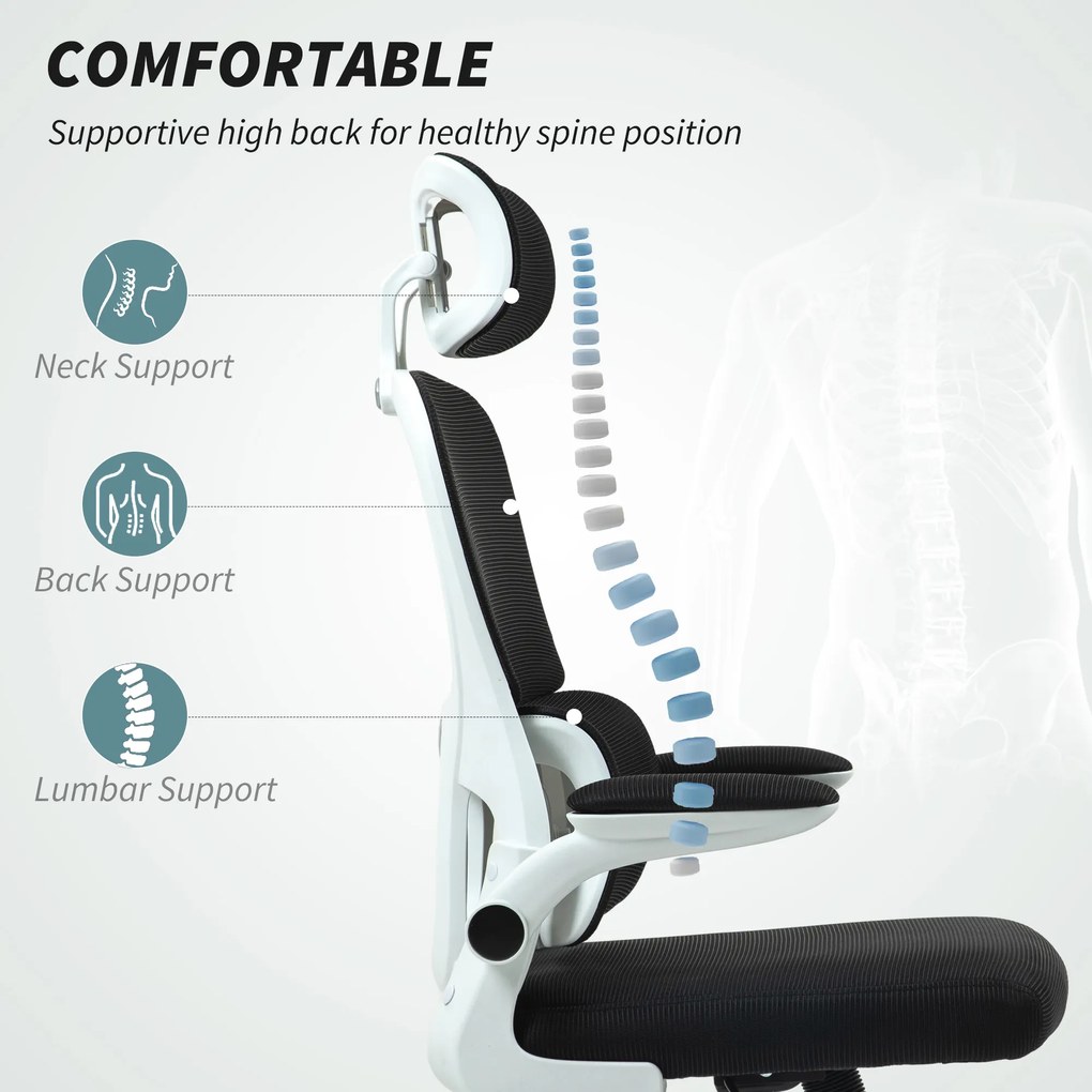 HOMCOM Scaun Birou cu Înălțime Reglabilă, Brațe Rabatabile și Tetieră, Scaun Ergonomic 62x61x112-120 cm, Negru | Aosom Romania
