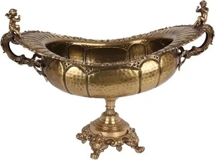 Bol de servire oval din alamă lucrată manual, auriu, pe picior, cu mânere cu îngeri, centru de masă monumental, finisaj periat, 52 x 75 x 41 cm,