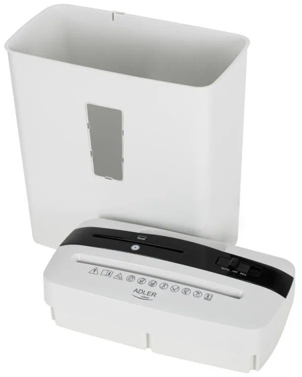 Distrugator de documente Adler AD 1037, 200 W, 13 L, Pana la 22 cm, 6 foi, CD/DVD si card, Pornire/oprire automata, Functie inversa, 69 dB, Alb