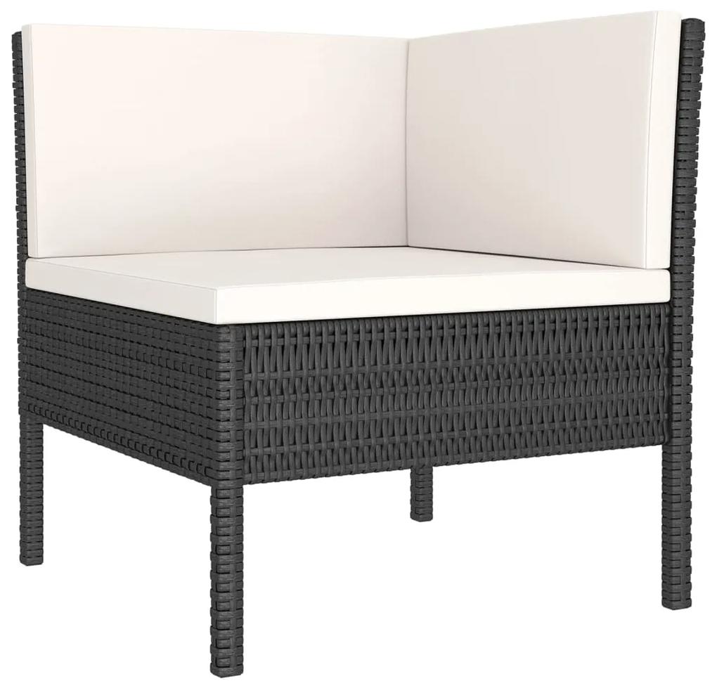 Set mobilier de gradina cu perne, 6 piese, negru, poliratan colt + 3x mijloc + suport pentru picioare + masa, 1