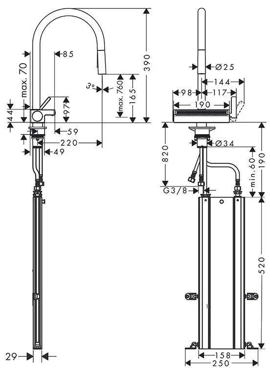 Baterie de bucatarie, Hansgrohe, Aquno Select M81 170, 3 jeturi, sBox, crom