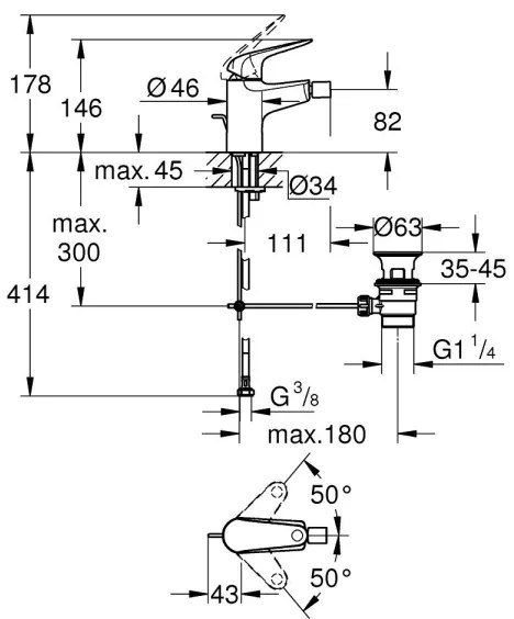 Baterie bideu GROHE SWIFT 24332001, 146 mm, crom lucios