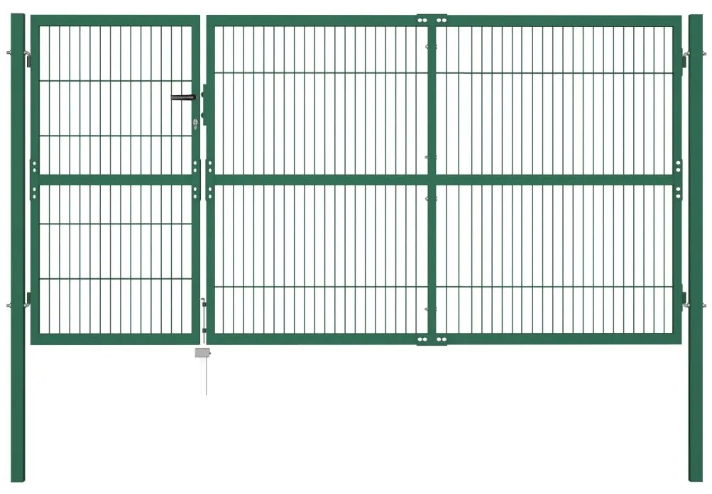 vidaXL Poartă gard de grădină cu stâlpi, verde, 350 x 140 cm, oțel