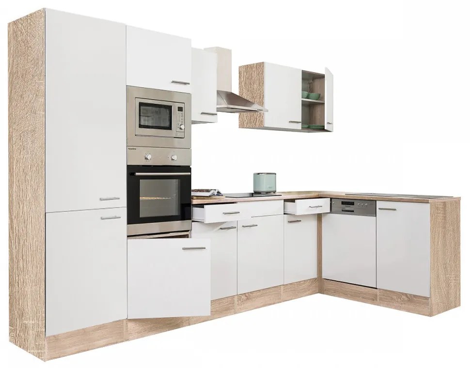 Mobilă de bucătărie de colț Yorki 340, corp din stejar Sonoma, față alb satinat, cu dulap cu raft