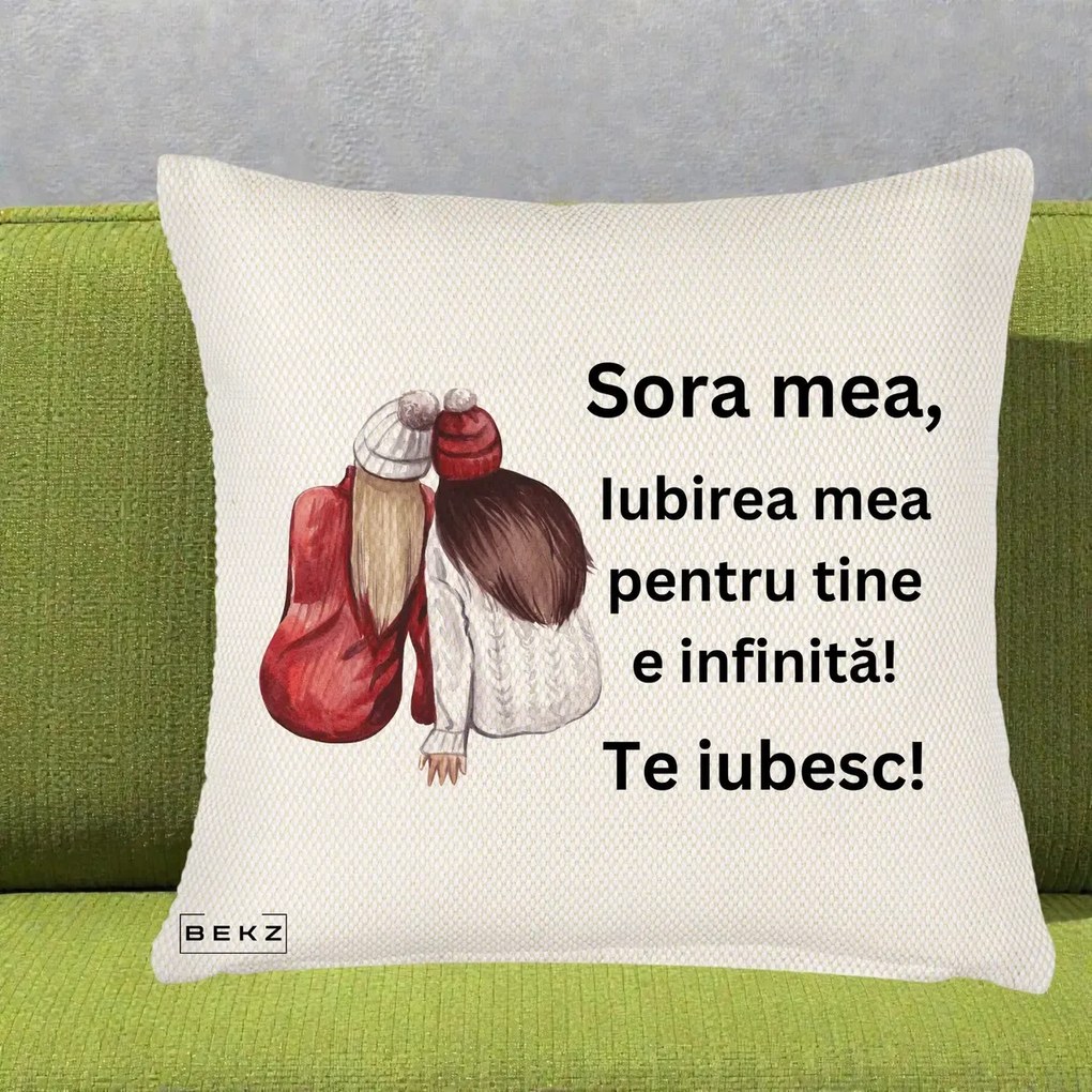 Cadou pentru Sora - Perna Personalizata Sora Mea Te Iubesc Doua Fete Iarna Acuarela, 40x40 cm, Crem Reliefat, Husa Detasabila, Perna Inclusa, BEKZ®