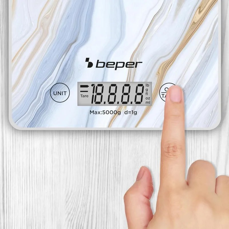 Cantar de bucatarie Beper P102BIL001, Pana la 5 kg, Afișaj LCD, Alimente solide si lichide, Control tactil, Sticla, Marmura
