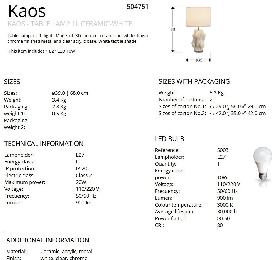 Lampa de masa din ceramica imprimata 3D Kaos