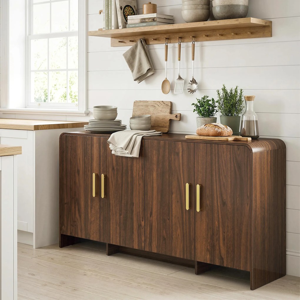 HOMCOM Bufet bucătărie, corp de depozitare cu 4 uși cu închidere amortizată, 4 compartimente și margini rotunjite, 152x40x80 cm, nuc | Aosom Romania