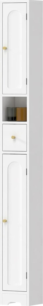 HOMCOM Dulap de baie îngust cu sertar uși arcuite compartiment deschis raft reglabil 20x20x185 cm Alb | Aosom Romania