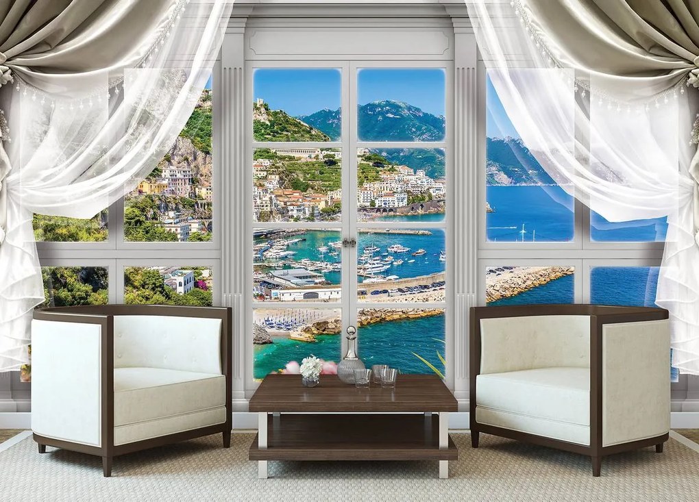 Fototapet - Privire din geam spre cascade (152,5x104 cm)