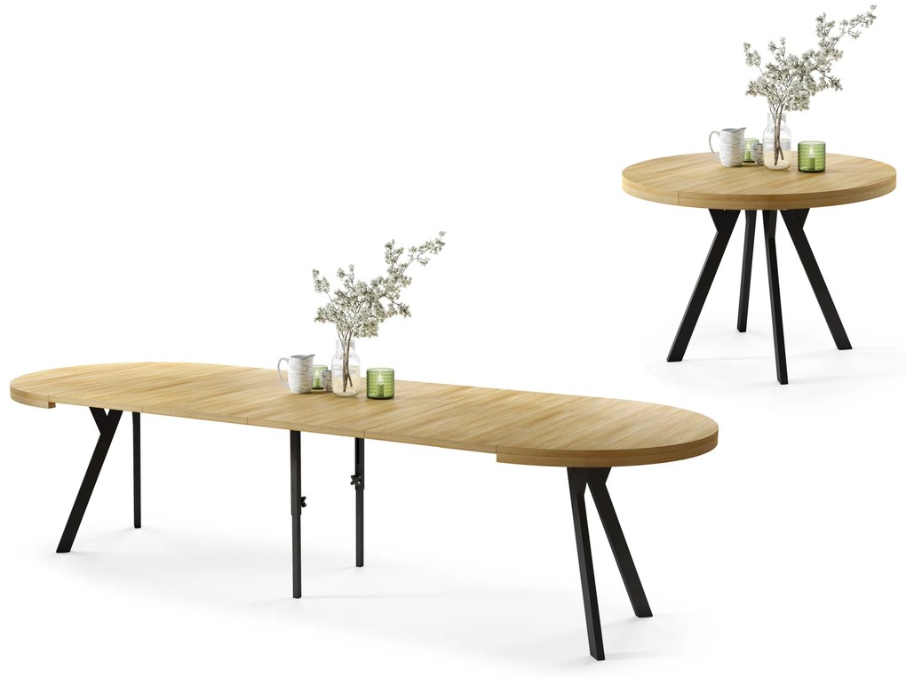 Mazzoni VITO Stejar American/picioare negre - MASĂ MARE ROTUNDĂ Ø110 EXTENSIBILĂ PÂNĂ LA 310 cm CU PICIOARE "Y" LOFT/INDUSTRIALĂ