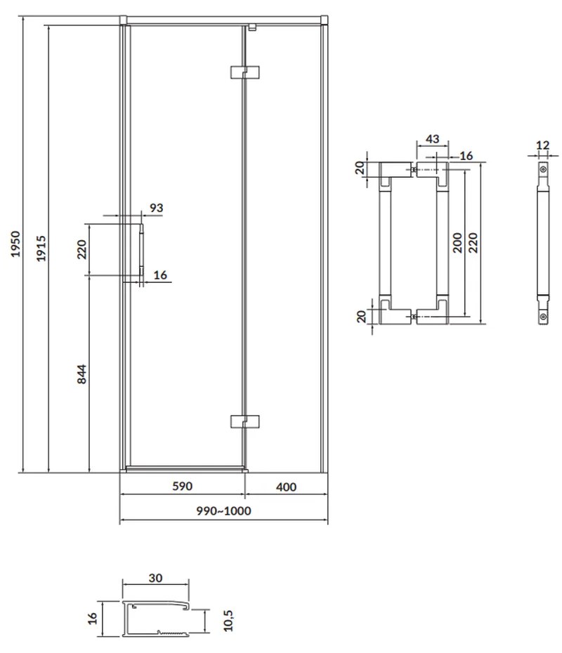 Usa sticla dus batanta 100x195 cm profil crom Cersanit Larga, montare dreapta 1000x1950 mm, Dreapta, Crom lucios