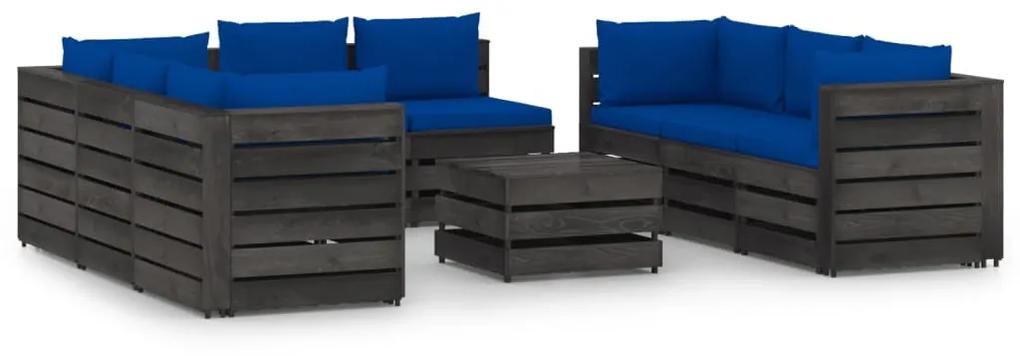 Set mobilier gradina cu perne, 9 piese, gri, lemn tratat albastru si gri, 9