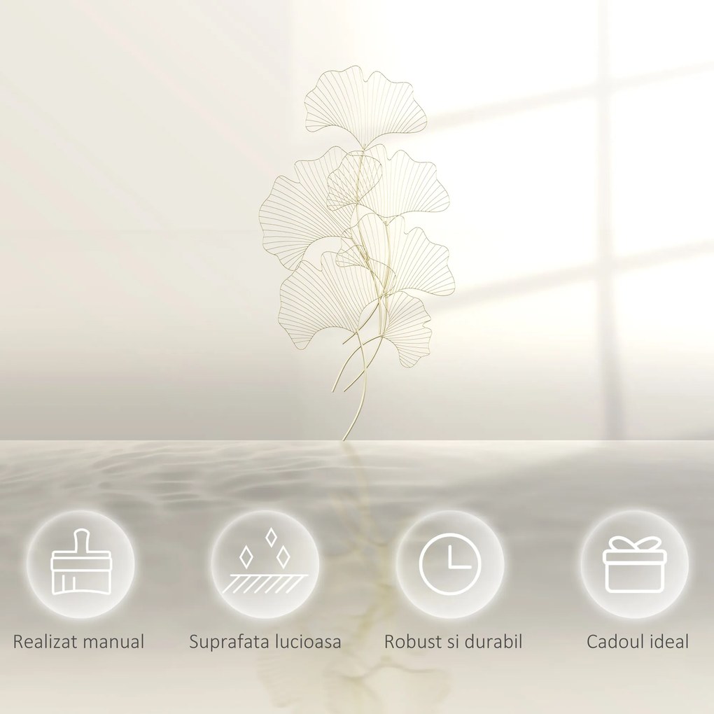 HOMCOM Decor de perete metalic 3D, frunze de ginkgo, auriu 51 x 94,5 cm | AOSOM RO