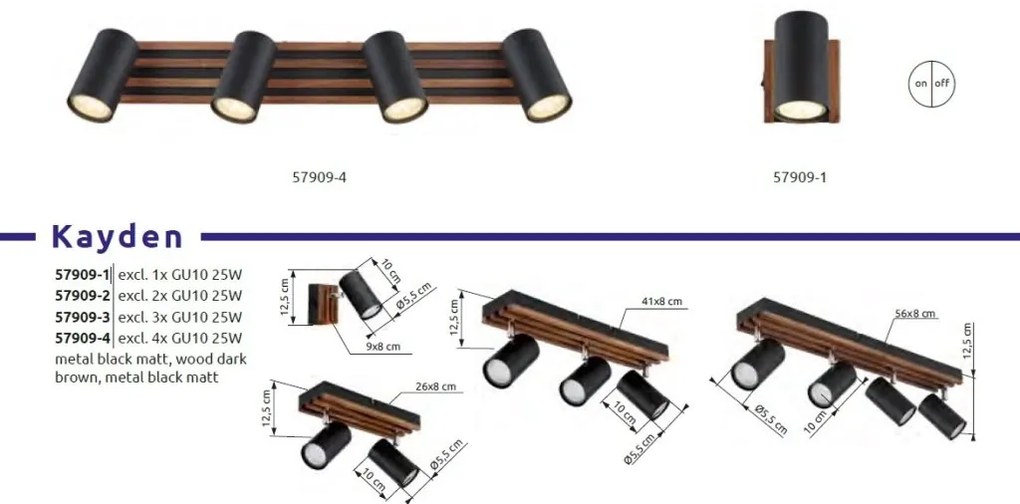 Plafoniera cu 4 spoturi directionabile metal negru lemn KAYDEN