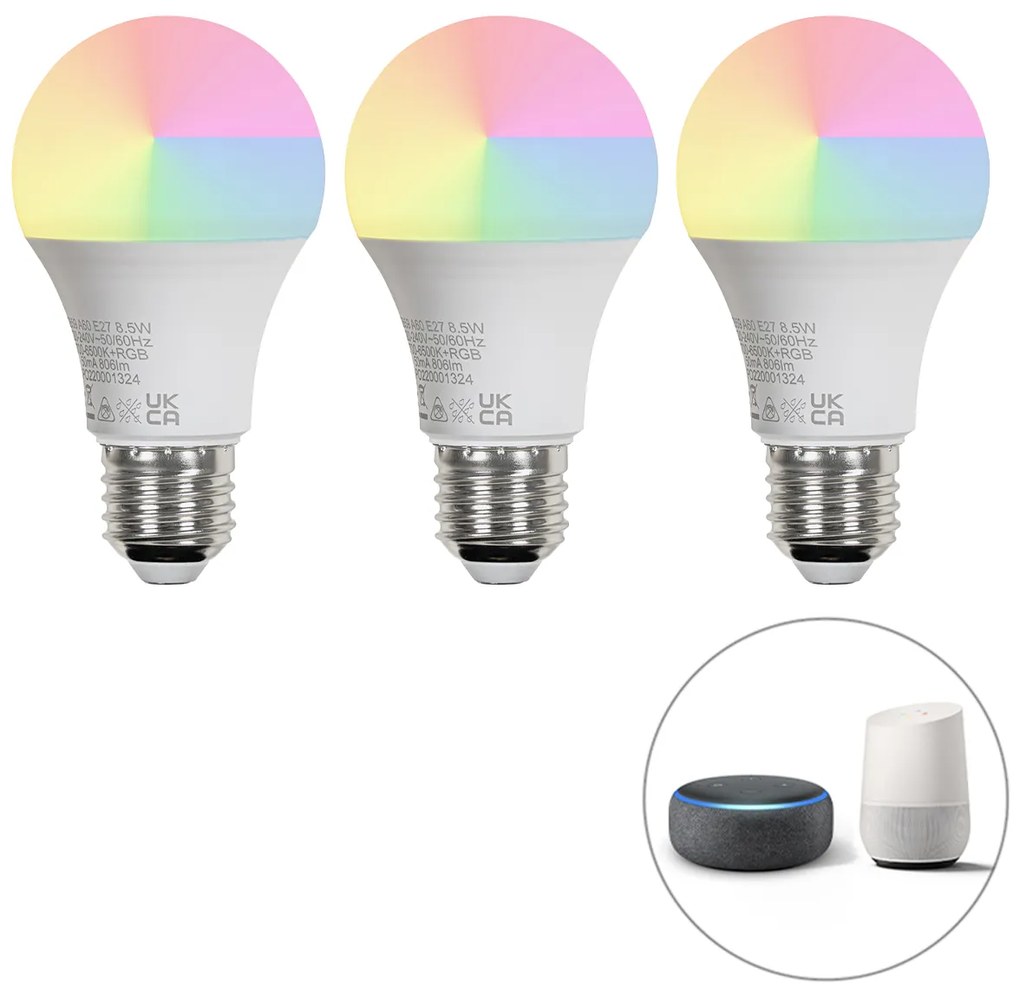 Set de 3 becuri LED inteligente E27 A60 mat RGBW 8.5W 806lm 2700K