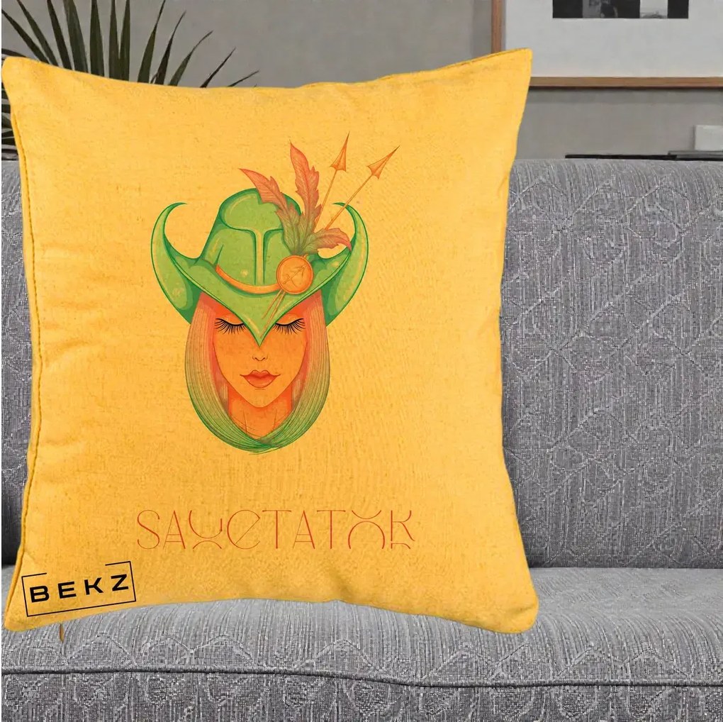 Perna Personalizata Zodiac Sagetator Cowgirl, 40x40 cm, Galben, Husa Detasabila, Perna Inclusa, BEKZ®