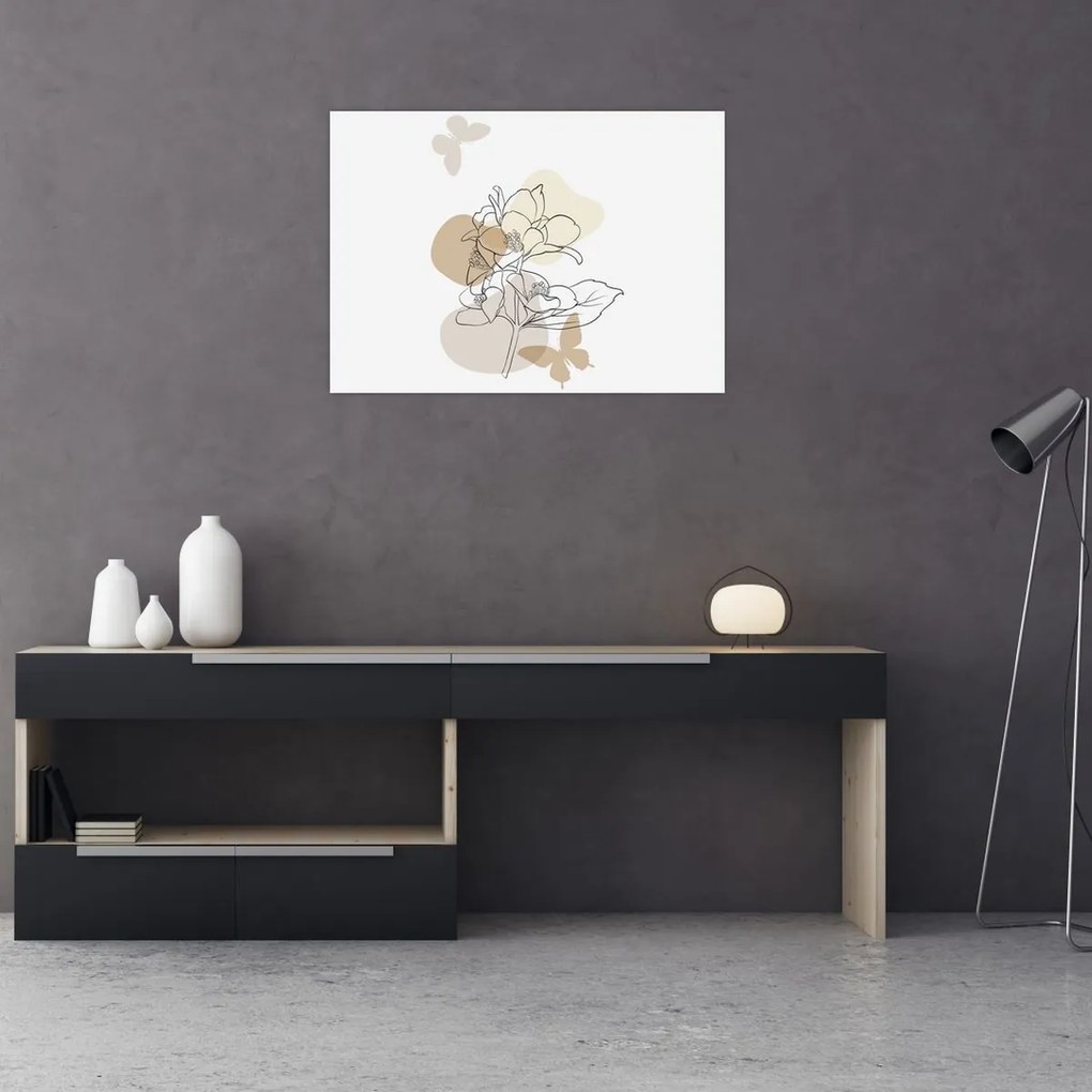 Tablou - Flori bej cu fluture N⁰1 (70x50 cm)