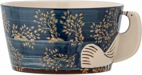 Bol din ceramică albastră cu decor pasăre pictat manual, 13x7 cm, "Hezha"