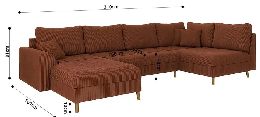 Colțar cărămiziu cu tapițerie din catifea reiată (cu colț pe partea stângă ) Ariella – Ropez