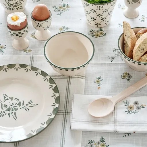 Farfurie din ceramică artizanală, natur, cu motive florale pictate manual verde și bordură decorativă, 19,5 cm, „Marion"