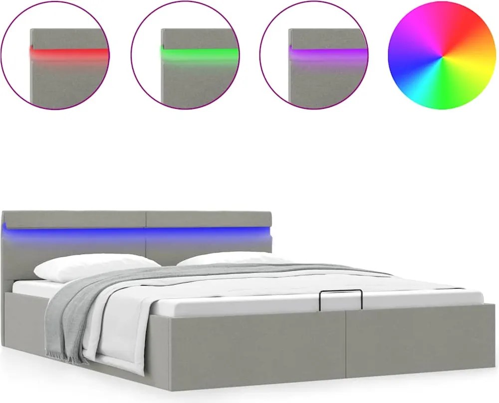 vidaXL Cadru pat hidraulic cu ladă LED gri deschis 180x200 cm textil