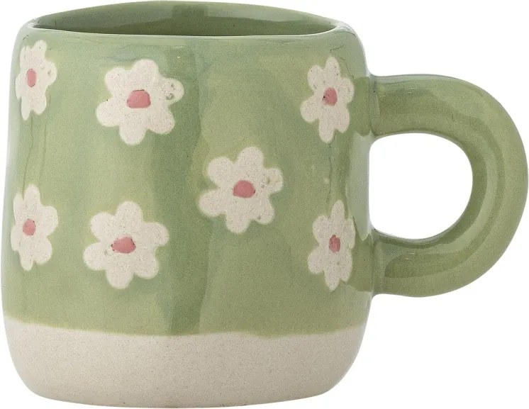 Cană mică din ceramică verde, pictată manual cu motiv floral, „Millie", 6 x 7 cm, 110 ml