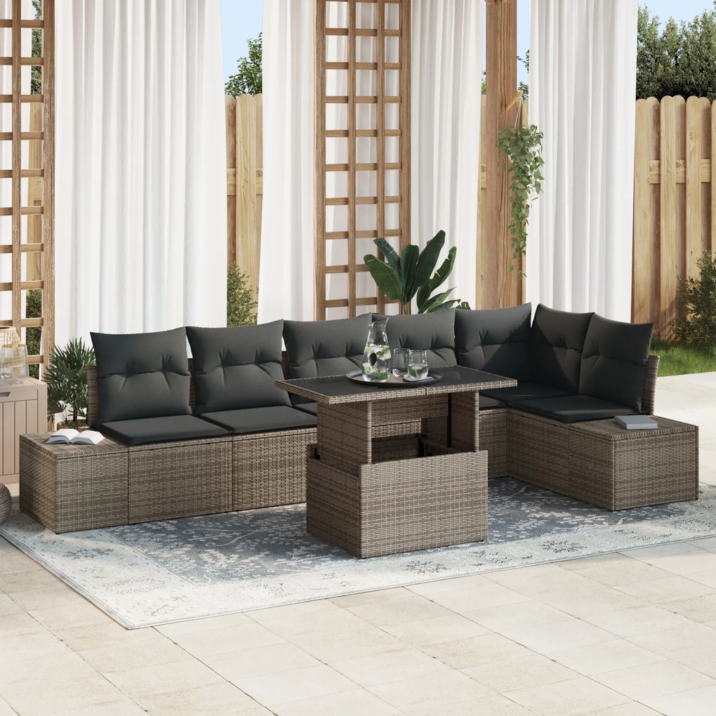vidaXL Set de canapele de grădină , 7 piese, cu perne gri, din ratan poly