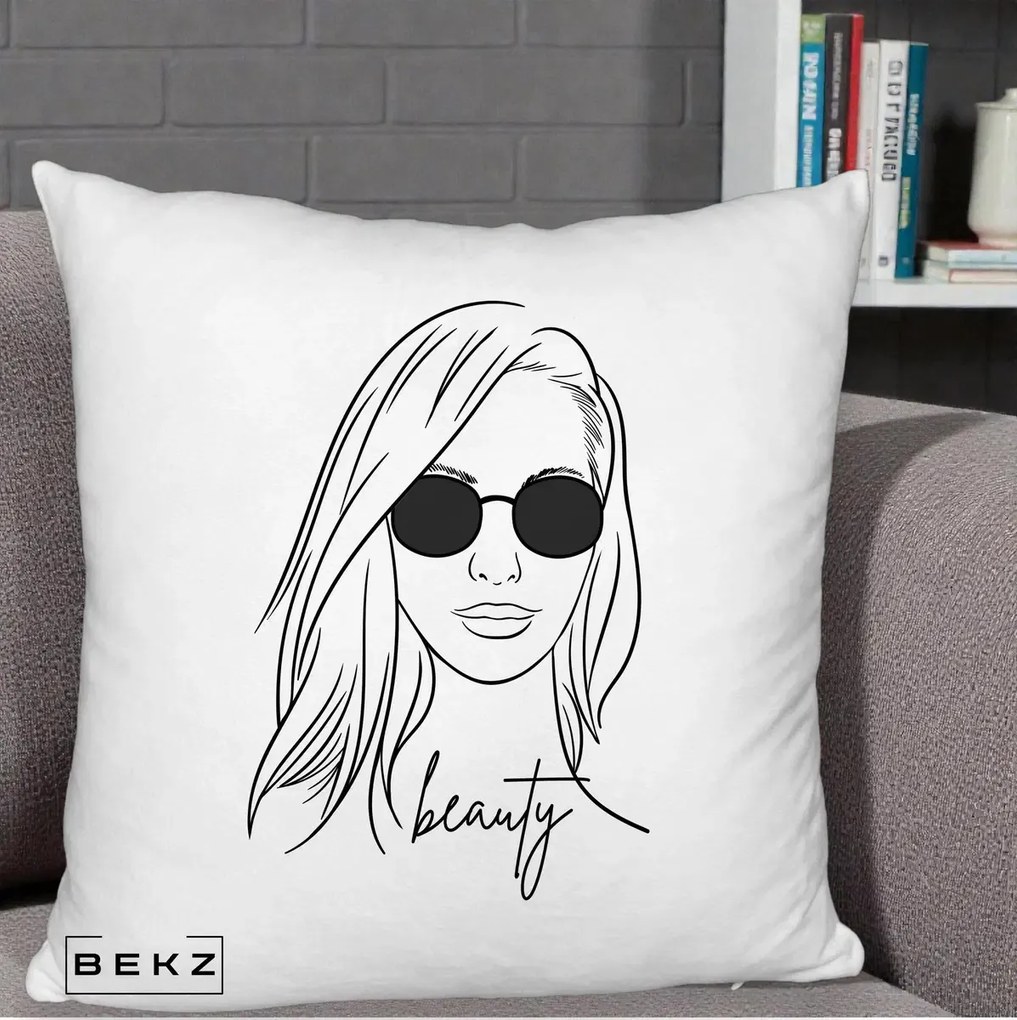 Perna Decorativa Beauty Girl Line Art, 40x40 cm, Alb Pufos, Husa Detasabila, Perna Inclusa, BEKZ®