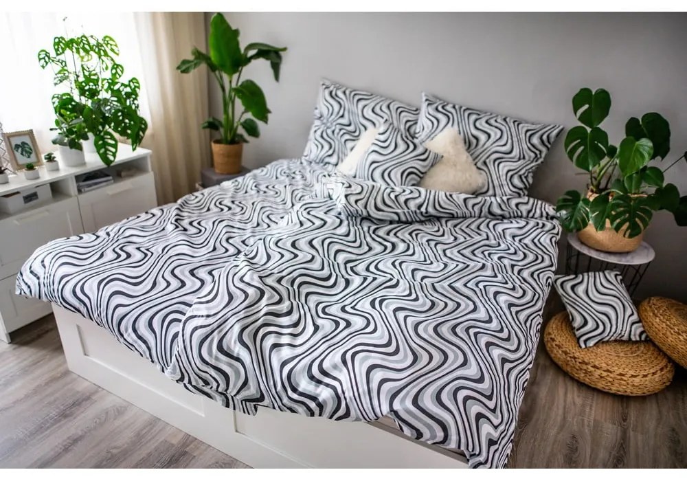 Lenjerie de pat din bumbac satinat Cotton House Waves, 140 x 200 cm, alb - negru