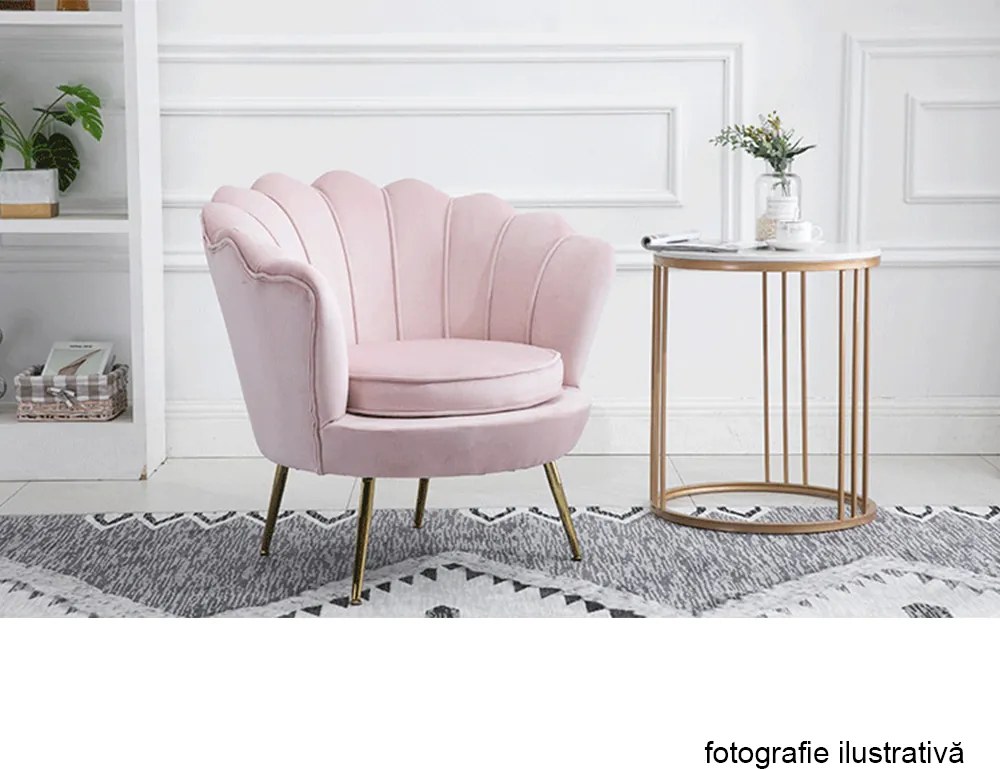 Fotoliu în stil Art-deco, catifea Velvet roz/crom auriu, NOBLIN