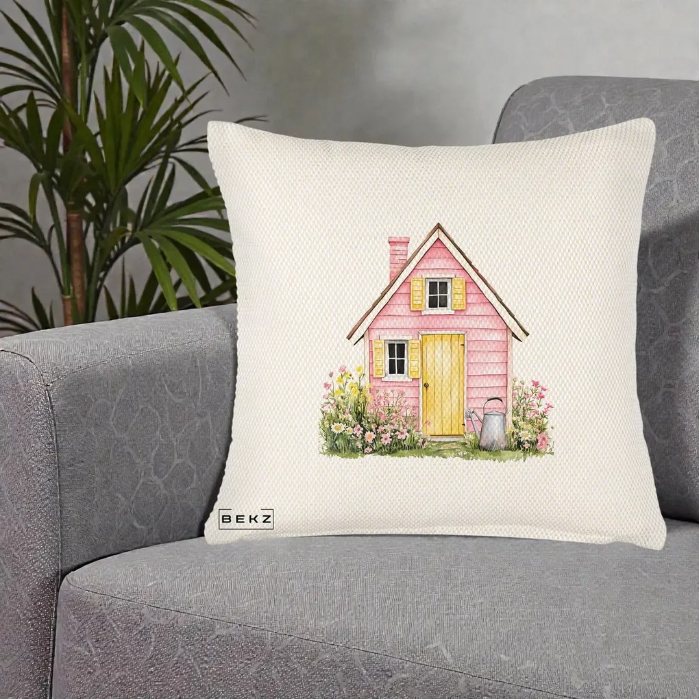 Perna Decorativa Casuta Roz Acuarela cu Gradina, 40x40 cm, Crem Reliefat, Husa Detasabila, Perna Inclusa, BEKZ®