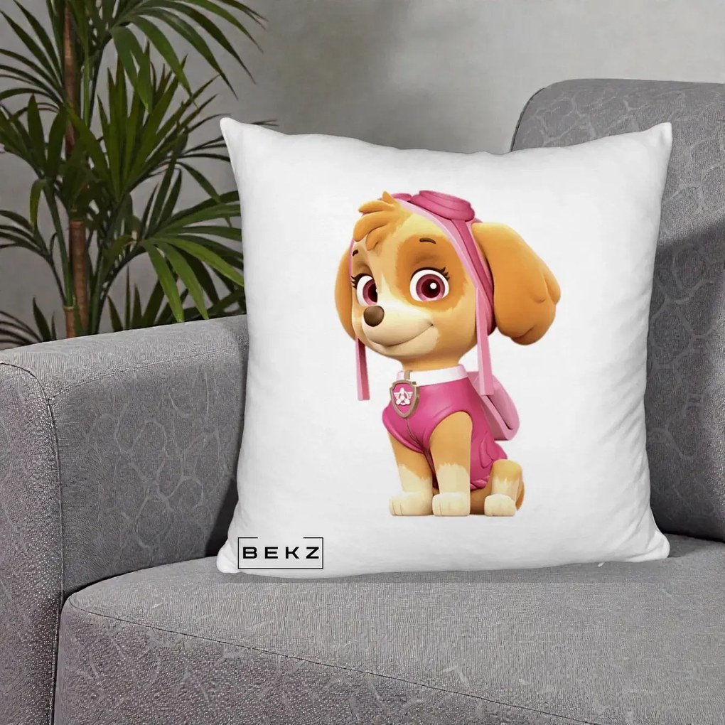 Perna Personalizata Skye PAW Patrol Roz, 40x40 cm, Alb Pufos, Husa Detasabila, Perna Inclusa, BEKZ®