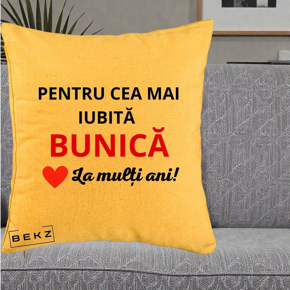 Cadou pentru Bunica - Perna Personalizata Pentru Cea Mai Iubita Bunica La Multi Ani Rosu, 40x40 cm, Galben, Husa Detasabila, Perna Inclusa, BEKZ®