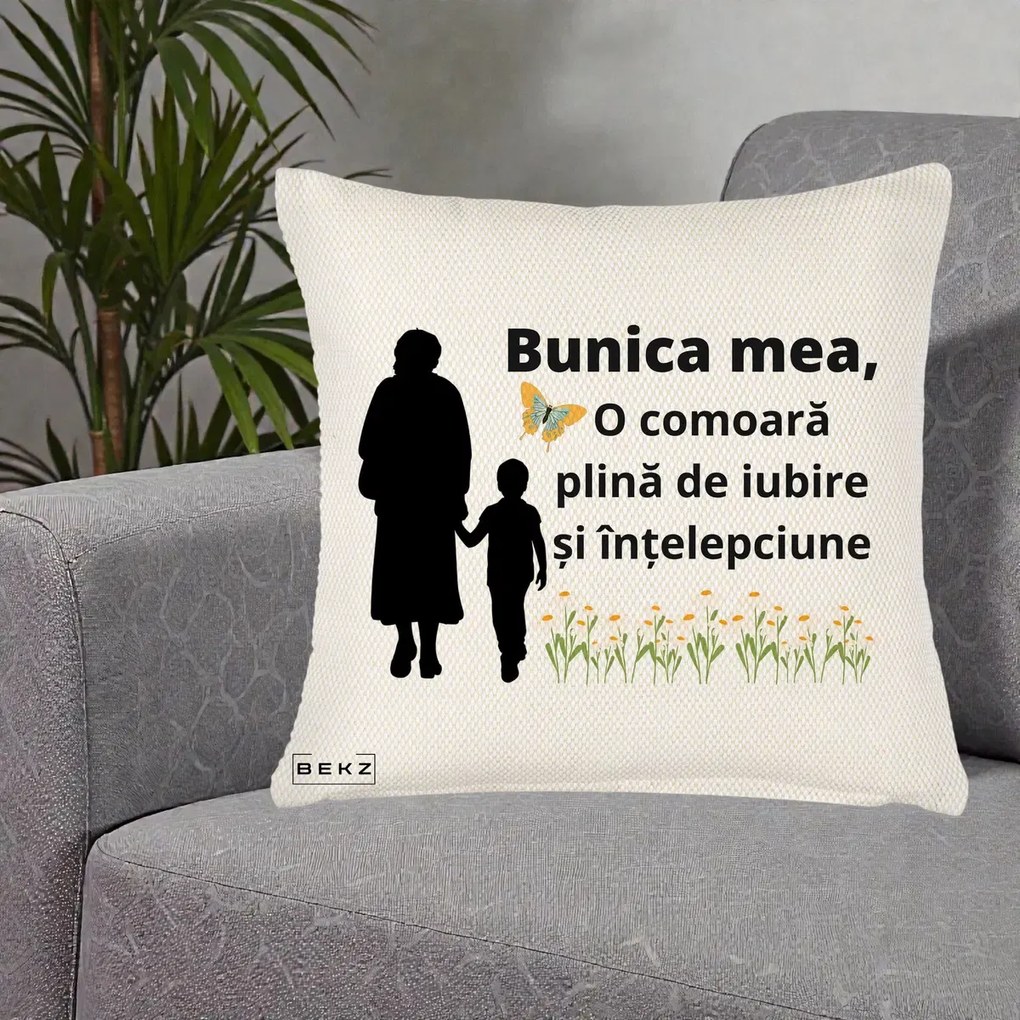 Cadou pentru Bunica - Perna Personalizata Bunica Mea Comoara cu Fluture si Baietel, 40x40 cm, Crem Reliefat, Husa Detasabila, Perna Inclusa, BEKZ®