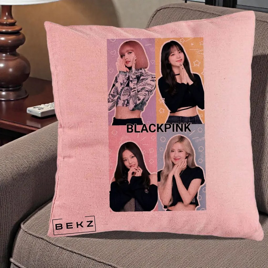 Perna Personalizata K-pop BLACKPINK Negru, 40x40 cm, Roz, Husa Detasabila, Perna Inclusa, BEKZ®