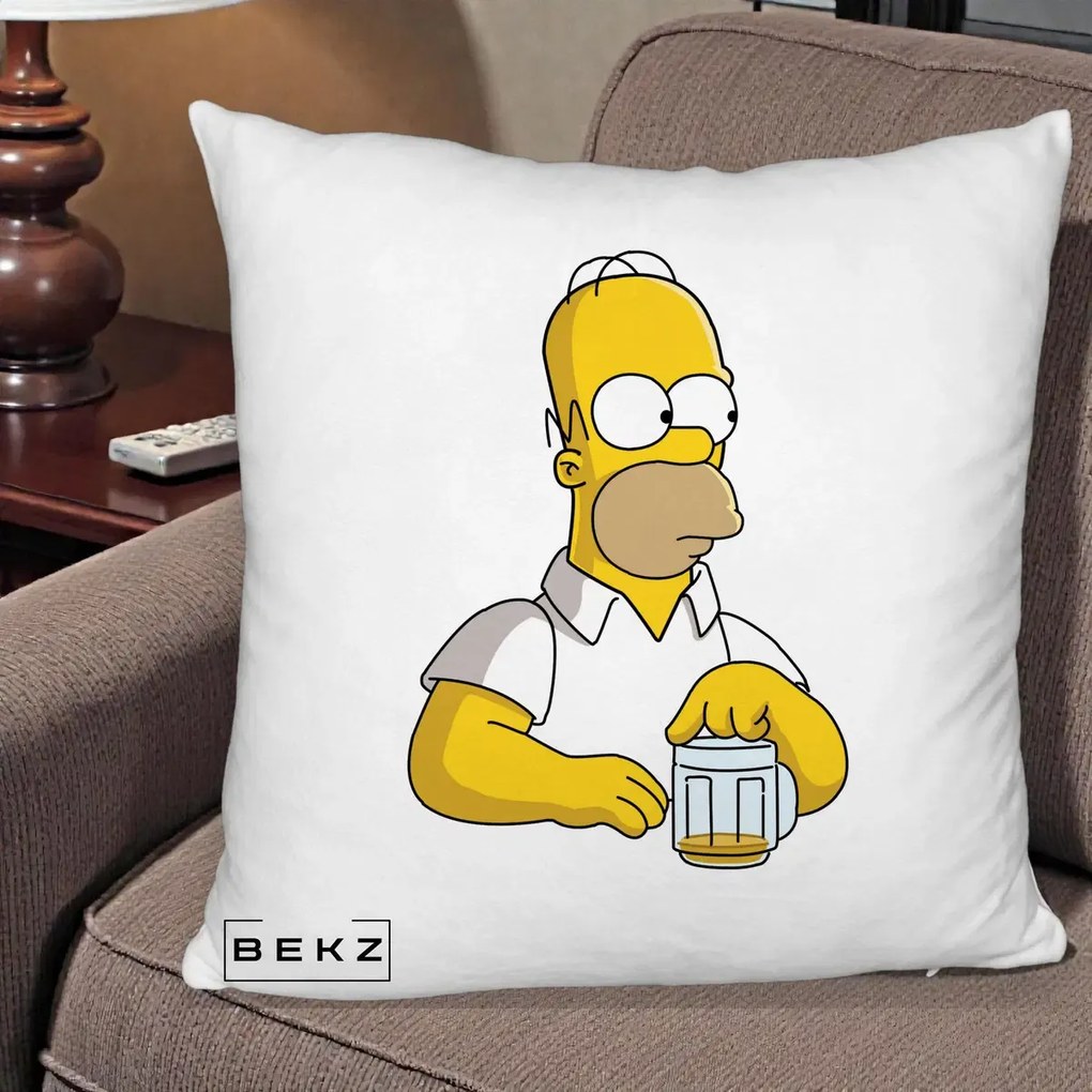 Perna Personalizata Homer Simpson cu Bere, 40x40 cm, Alb Pufos, Husa Detasabila, Perna Inclusa, BEKZ®
