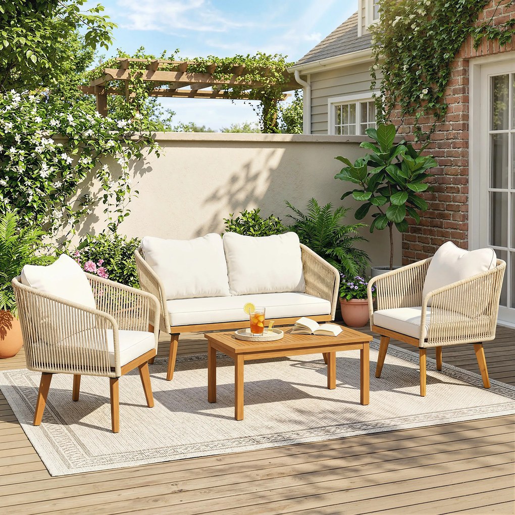 Outsunny Set mobilier grădină 4 piese lounge polyrattan cu canapea 2 locuri, 2 fotolii, masă din lemn de acacia cu lamele, perne groase lavabile | Aosom Romania