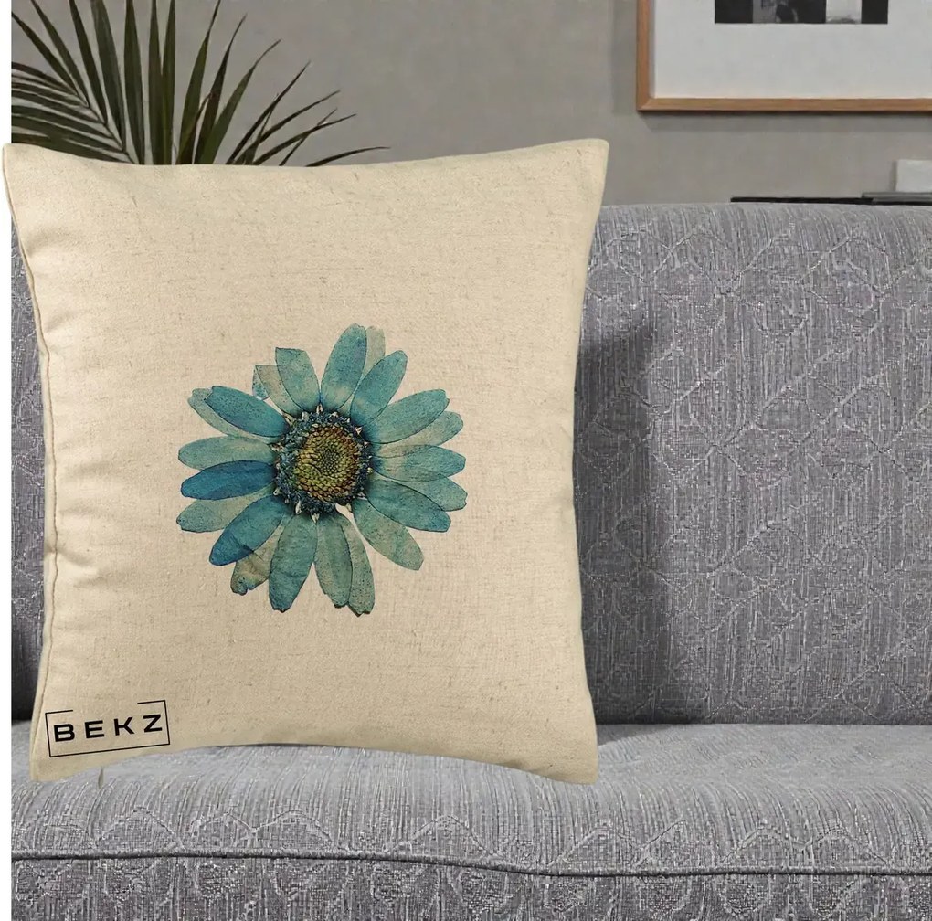 Perna Decorativa Floare Margareta Albastra Acuarela, 40x40 cm, Bej, Husa Detasabila, Perna Inclusa, BEKZ®